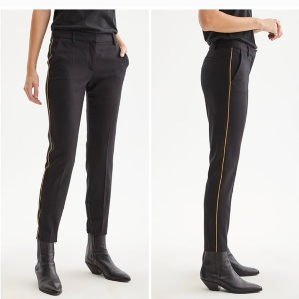 Nili Lotan Leo Wool Pants Tux Trousers Straight Leg Ankle Zip Black Gold Piping